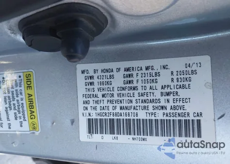 2013 Honda Accord Ex-L z USA, uszkodzony, nr VIN 1HGCR2F88DA168708